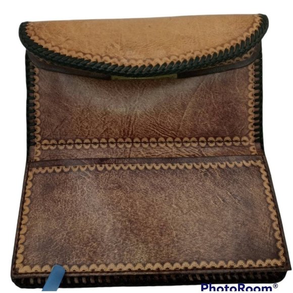 Vintage Wallet Hand Tooled Leather Wallet Hummingbird Floral Scene Whipstitched - Picture 7 of 10